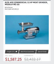 Load image into Gallery viewer, ALFA #22 Commercial 1.5 HP Meat Grinder Model #MC-22 NEW IN BOX